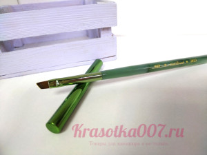 Кисть скошеная для маникюра зеленая ручка с колпачком