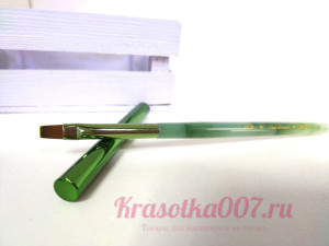 Кисть плоская для маникюра зеленая ручка с колпачком