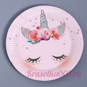 Тарелка одноразовая бумажная "Единорог мордочка" (18 см) , 10 шт